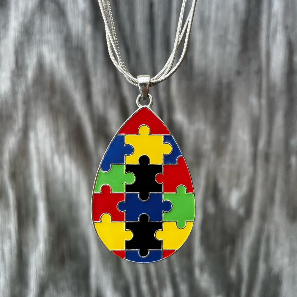 Multicolor Autism Puzzle Pendant Teardrop Necklace